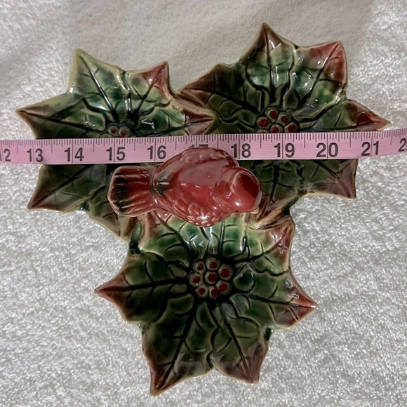 Vintage Ceramic Cardinal On Poinsettia 3 Bowl Serving Dish - Picture 9 of 11